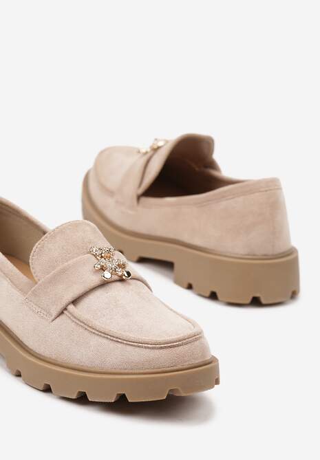Ciemnobeżowe Mokasyny na Płaskiej Podeszwie Ozdobione Cyrkoniowym Misiem Nevithra