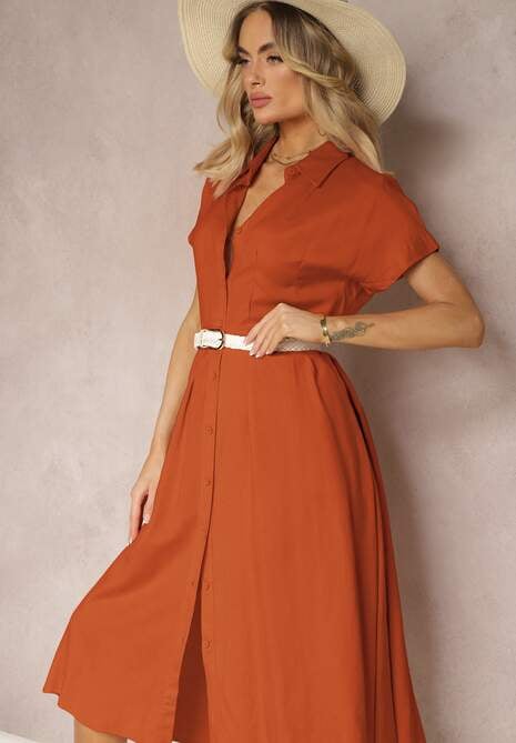 Pomarańczowa Sukienka Koszulowa z Lnem i Wiskozą Jucilla