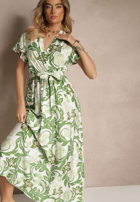 Zielona Wiskozowa Sukienka o Kopertowym Kroju z Wiązaniem w Talii Elaniora