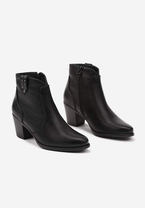 Czarne Botki na Słupku w Stylu Kowbojek z Ozdobnymi Napami Elzinna