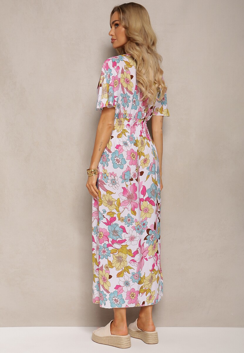 Biało-Różowa Sukienka z Gumką w Talii z Trójkątnym Dekoltem w Kwiatowy Wzór Nellvia