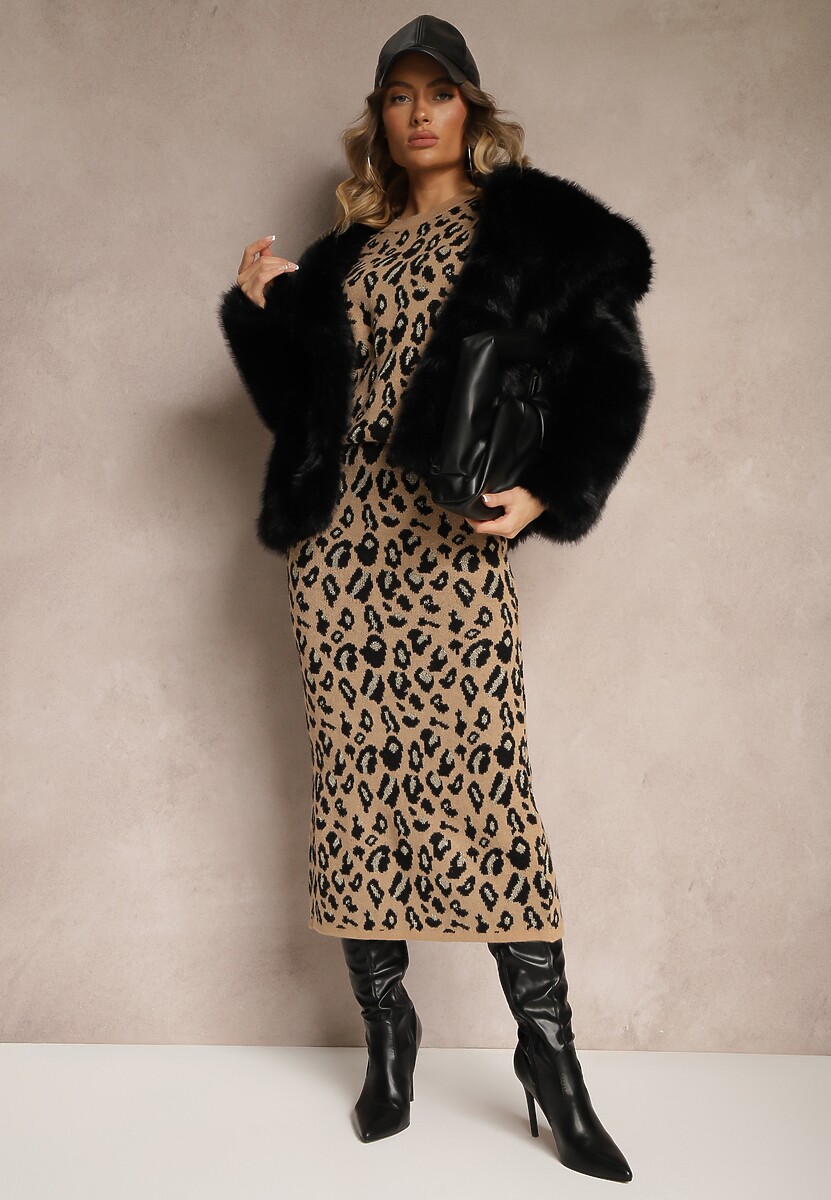 Beżowy Panterkowy Komplet z Wiskozą Spódnica o Dopasowanym Kroju i Góra ze Ściągaczami Senathia