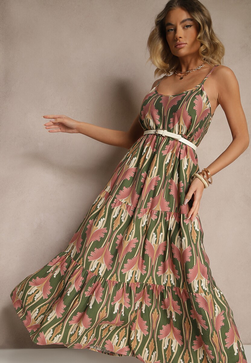 Zielono-Różowa Sukienka w Stylu Boho z Cienkimi Regulowanymi Ramiączkami Tosena