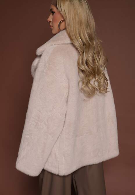 Beżowa Dwurzędowa Kurtka Futerko o Fasonie Oversize Manella
