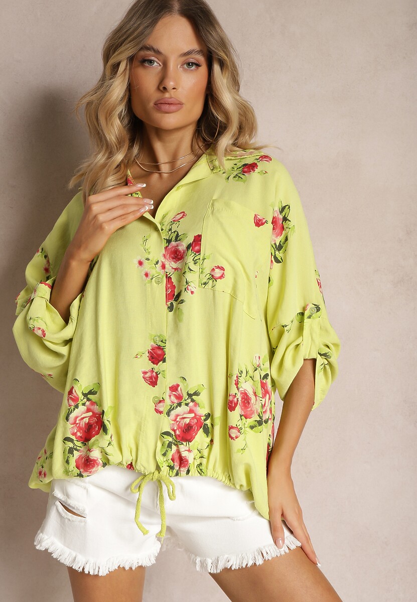 Biało-Różowa Wiskozowa Koszula Ściągana na Dole o Kwiatowym Wzorze Tinovis