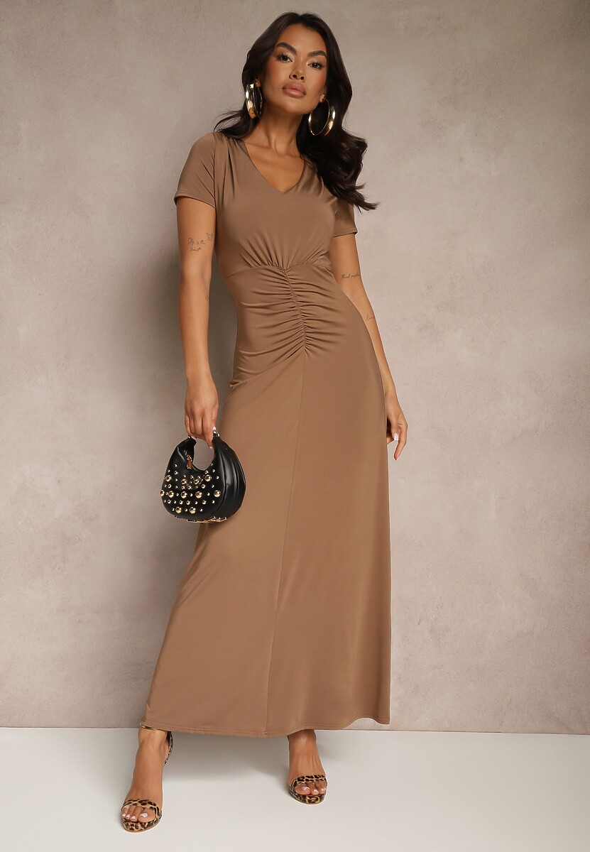 Brązowa Taliowana Sukienka z Ozdobnymi Marszczeniami i Domieszką Wiskozy Avenile