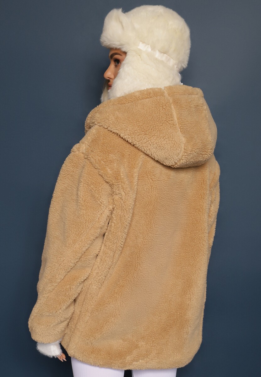 Beżowa Futerkowa Kurtka Teddy z Kapturem z Wsuwanymi Kieszeniami Gerovia