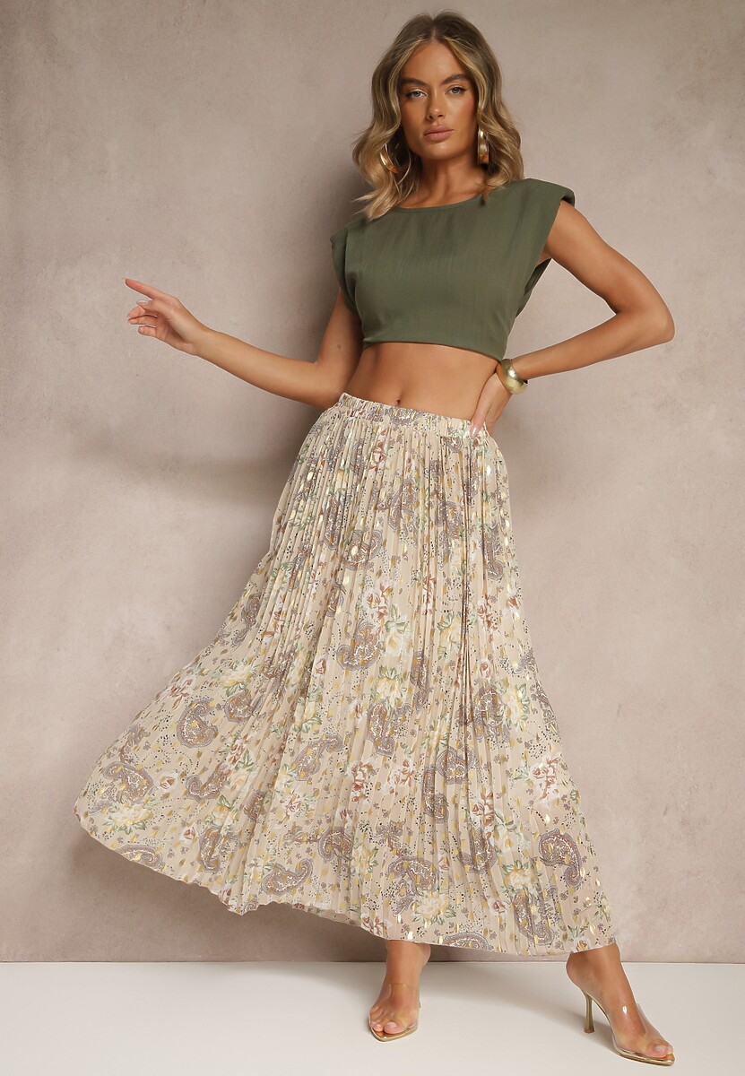 Zielona Rozkloszowana Spódnica w Kwiatowy Wzór z Plisami i Metalicznym Nadrukiem Follanea
