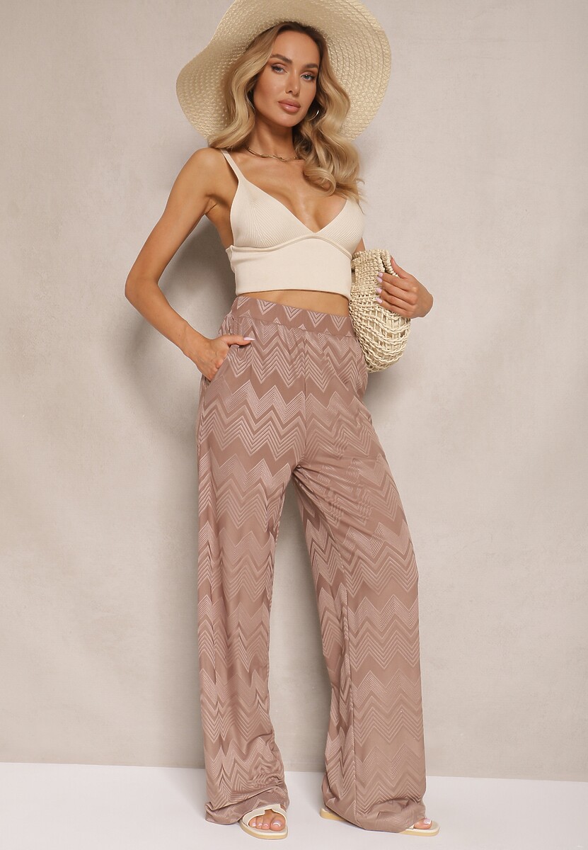 Jasnobeżowe Spodnie z Wiskozą o Szerokim Kroju High Waist Weralis