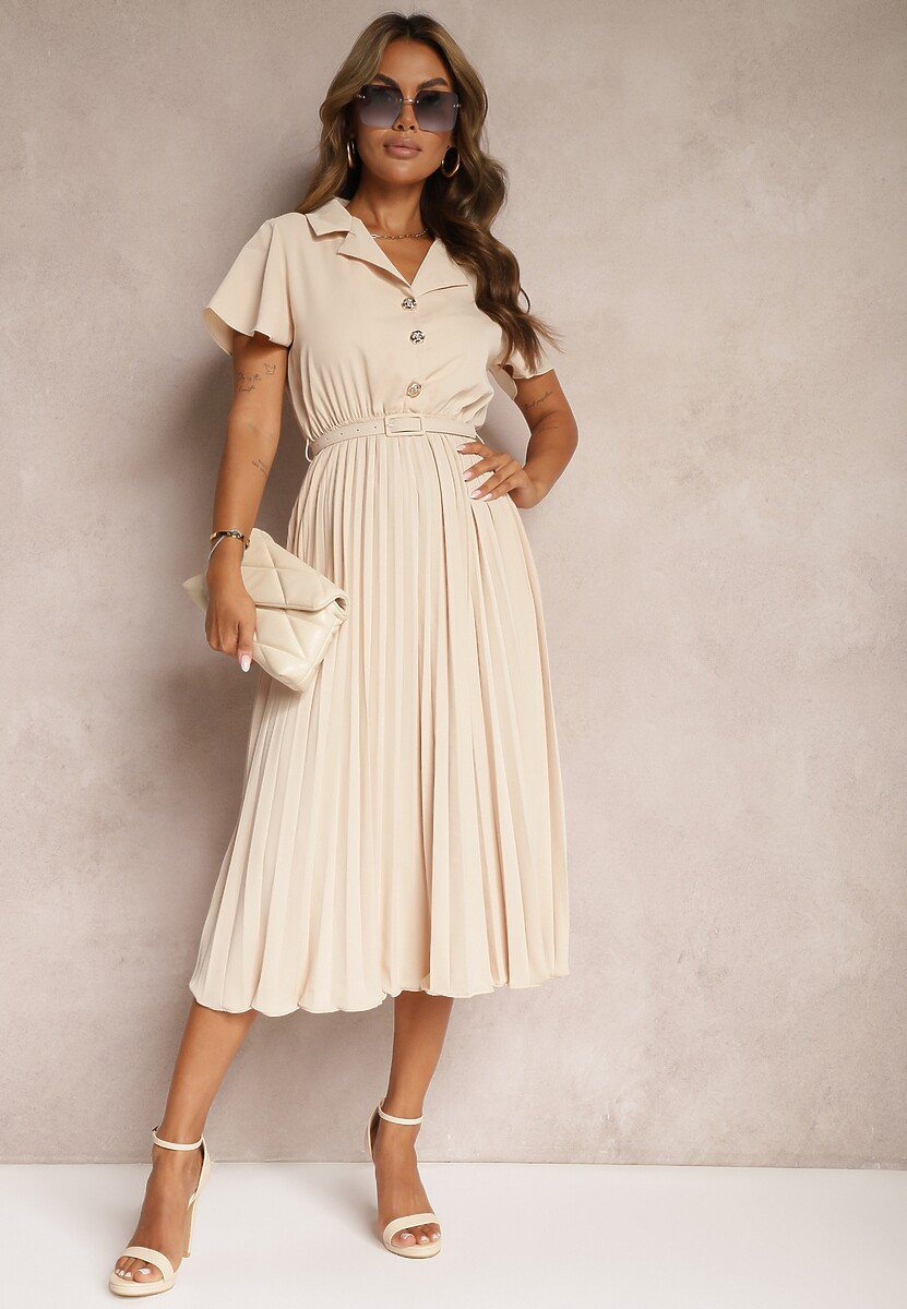 Beżowa Plisowana Rozkloszowana Sukienka z Paskiem Guzikami i Gumką w Talii Nelaika