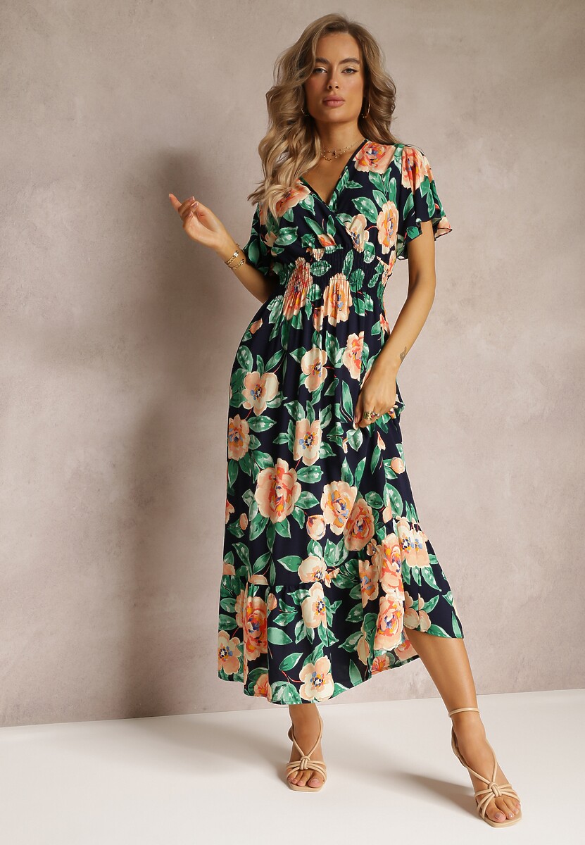 Granatowa Rozkloszowana Sukienka Maxi z Gumkami w Talii i Falbankami Tayte