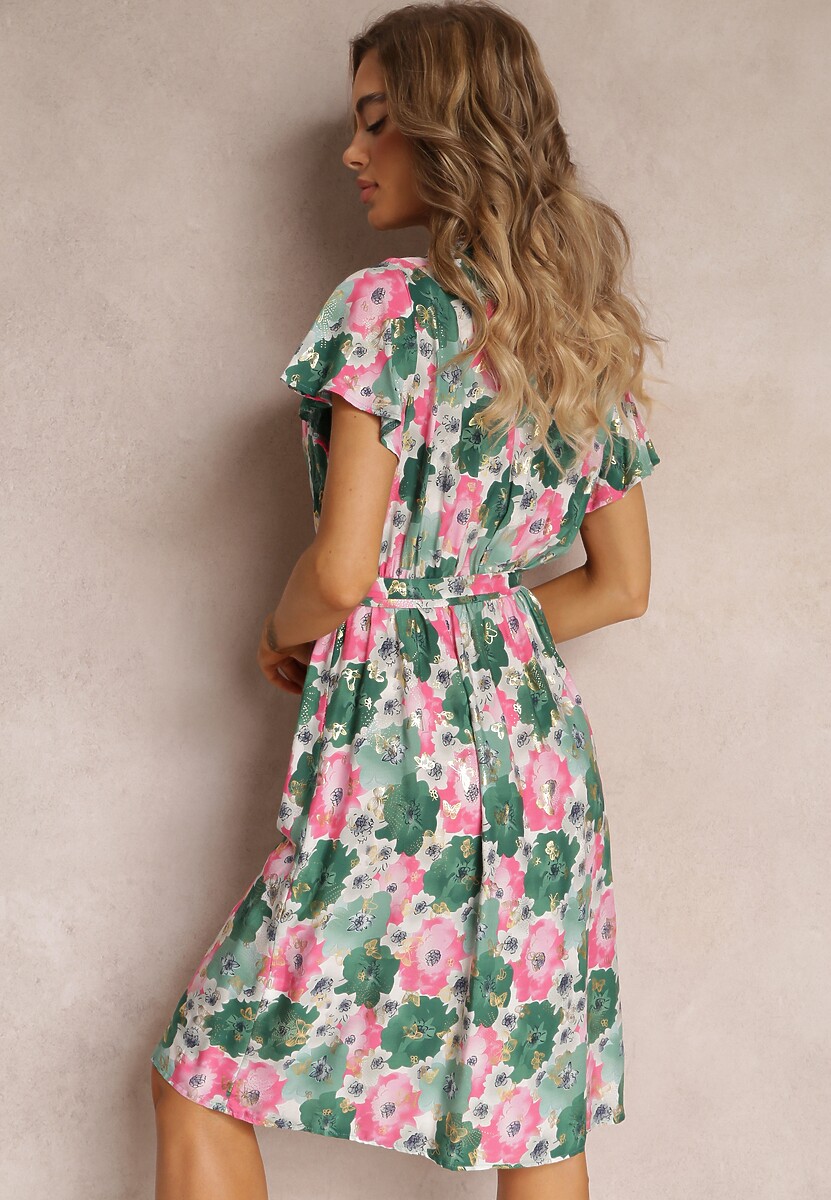 Zielona Rozkloszowana Sukienka z Kopertowym Dekoltem i Wiązanym Paskiem Kanges