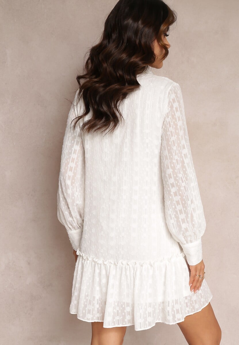 Biała Koronkowa Sukienka Koszulowa z Falbanką Saniah