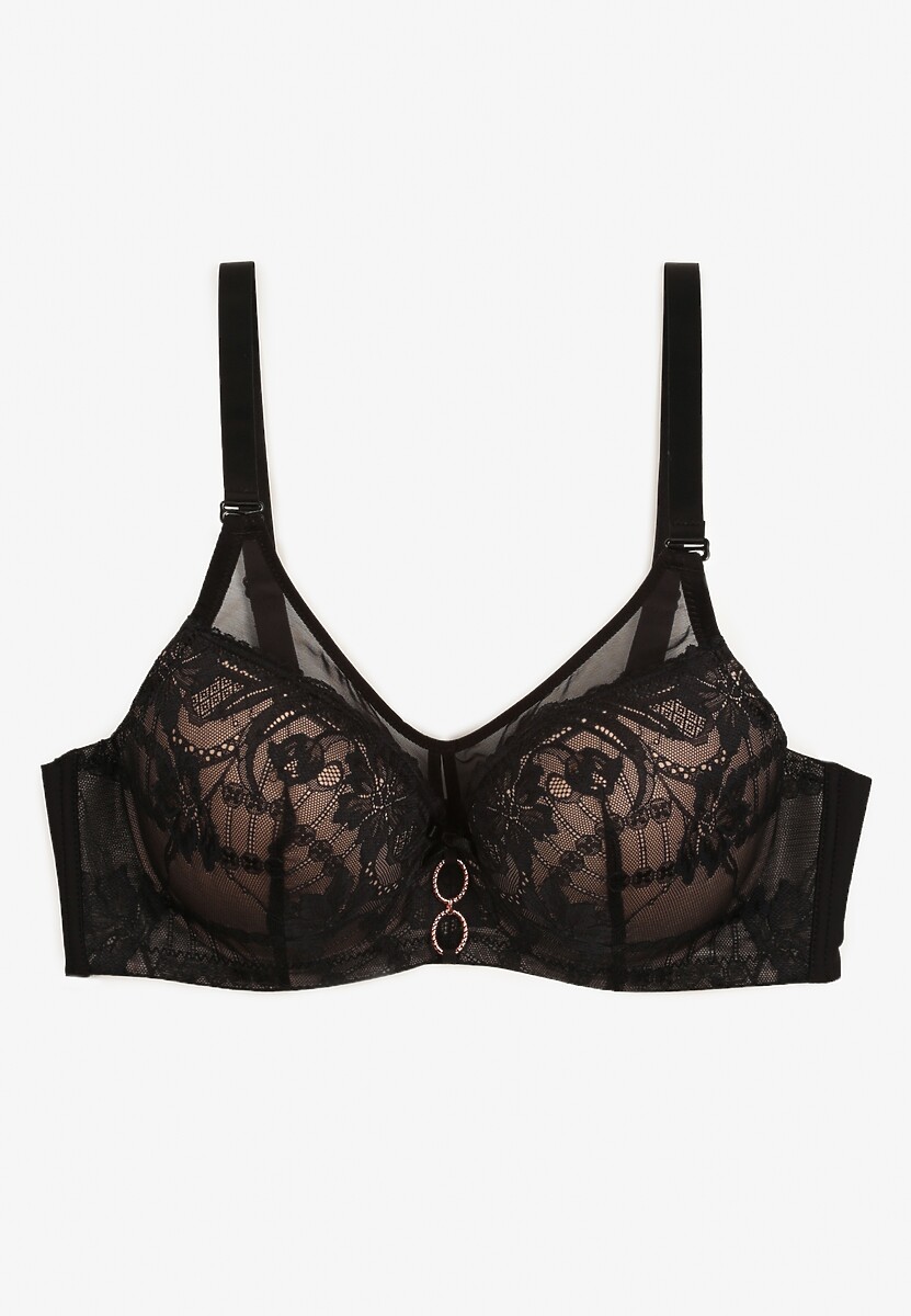 Czarno-Beżowy Biustonosz z Koronką na Regulowanych Odpinanych Ramiączkach Krisanda