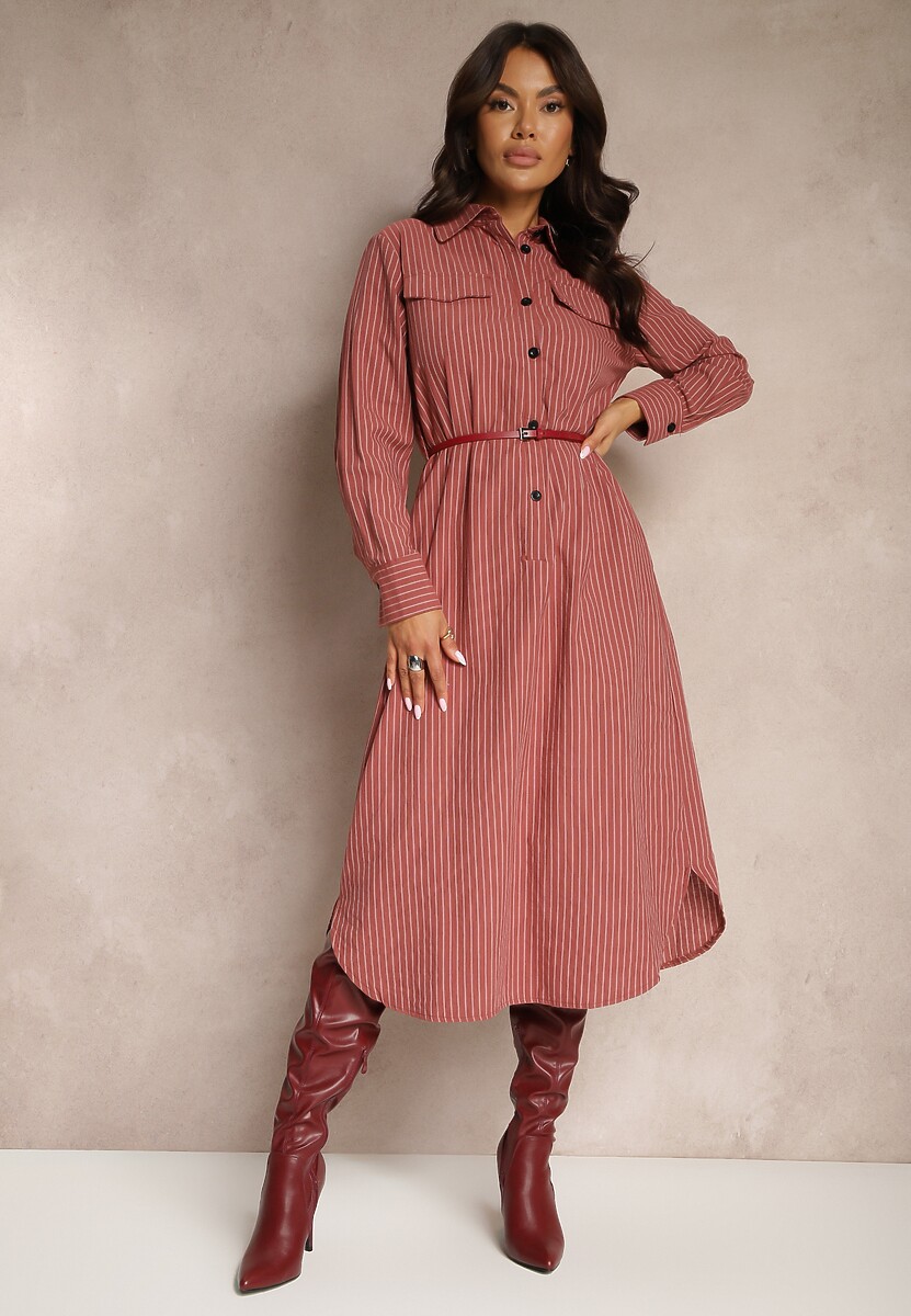 Zielona Sukienka Koszulowa z Guzikami Ozdobiona Imitacją Kieszeni i Paskiem Tintorella