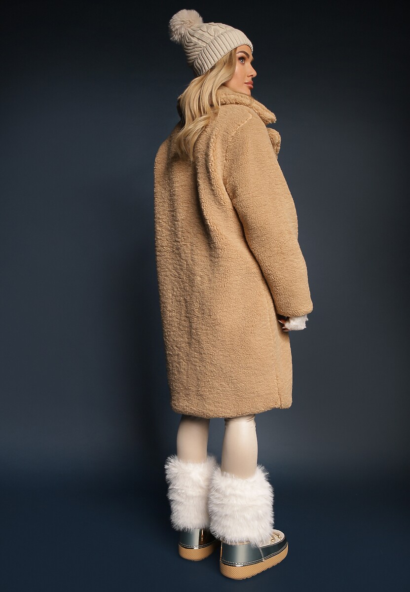Beżowy Płaszcz Futrzany Teddy Karli