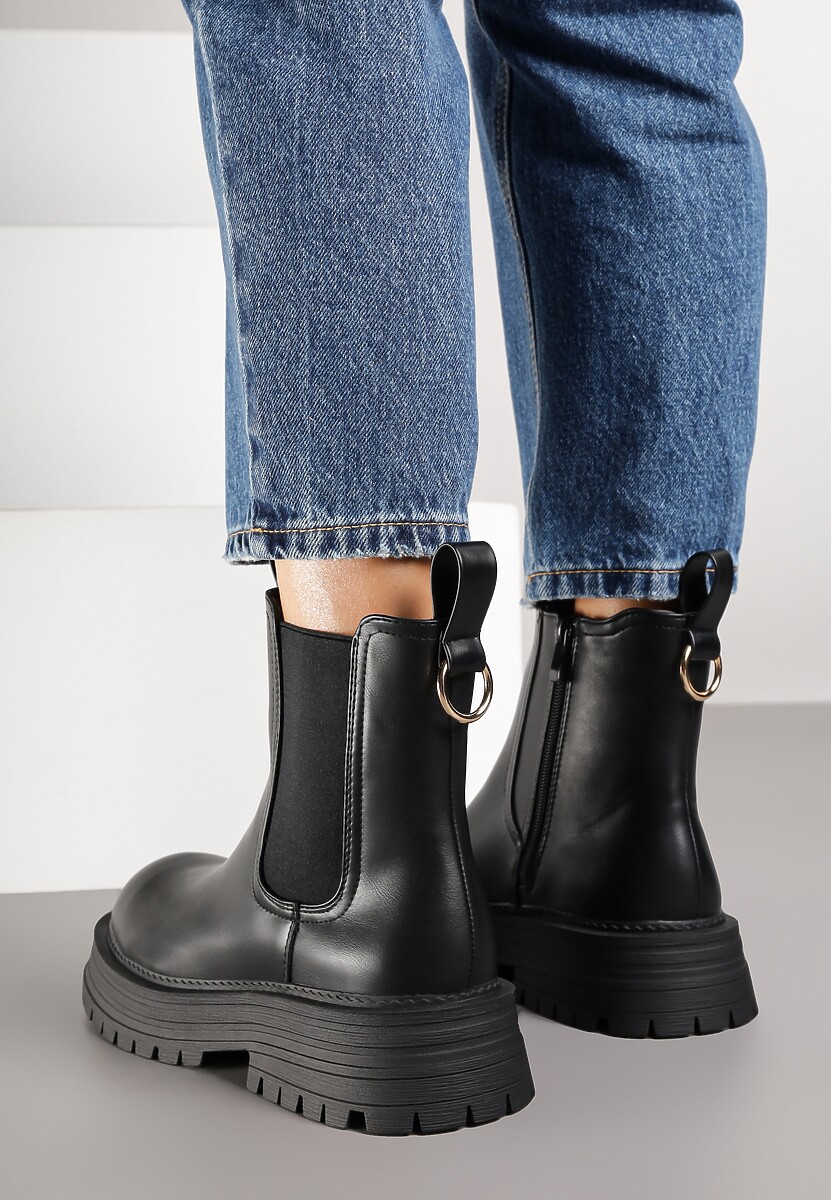 Czarne Botki Sztyblety na Platformie z Tłoczeniem Zarillea