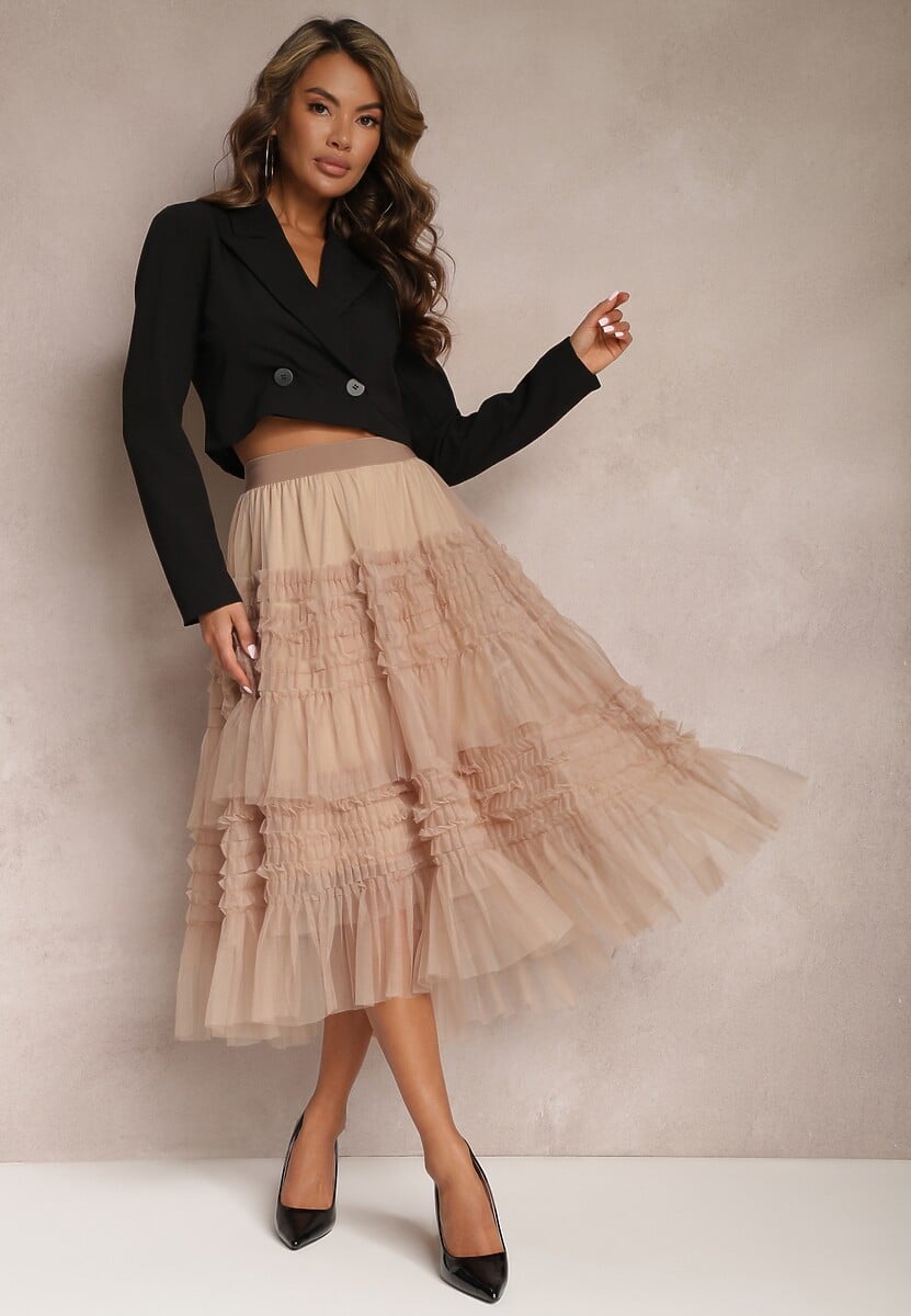 Czarna Spódnica Rozkloszowana z Falbankami i Siateczką Solowai