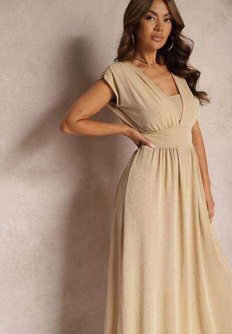 Jasnożółta Sukienka o Metalicznym Połysku z Gumką w Pasie i Głębokim Dekoltem Kigelia