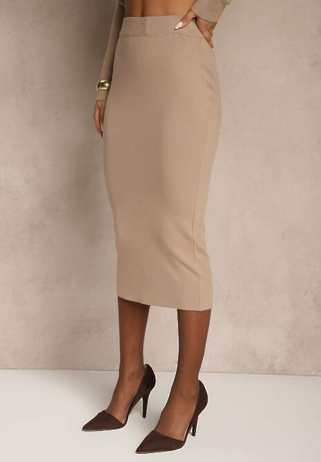 Beżowy Dzianinowy Komplet z Wiskozą Elegancki Kardigan i Spódnica Unalaia
