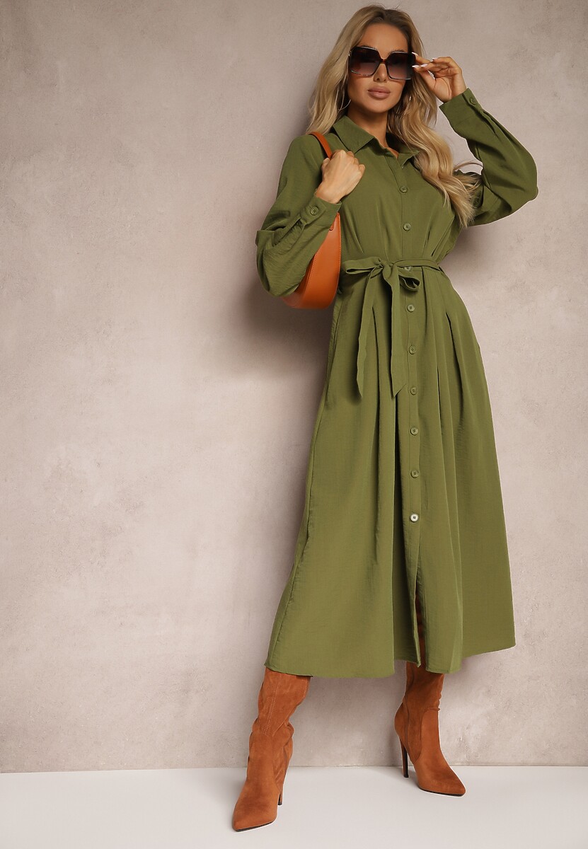 Zielona Koszulowa Sukienka Taliowana z Rozkloszowanym Dołem Nereira