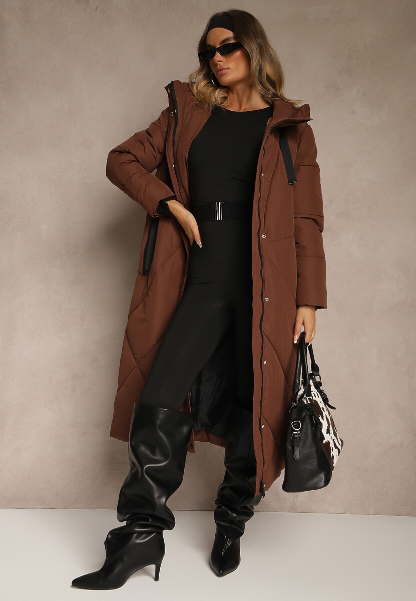 Brązowa Pudełkowa Kurtka o Długim Kroju z Pikowanymi Przeszyciami Kapturem i Kieszeniami Calatta