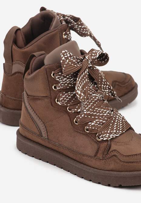Brązowe Sneakersy Ozdobione Sznurówkami w Geometryczny Wzór Avoslia