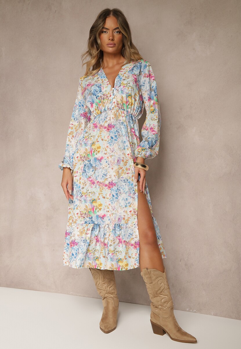 Jasnoniebieska Sukienka w Kwiatowy Print o Rozkloszowanym Kroju z Dekoltem w Serek Janellia