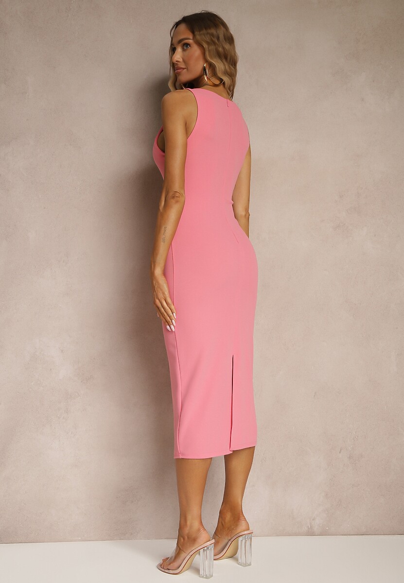 Różowa Ołówkowa Sukienka Bez Rękawów z Wiskozą Zdobiona Rozcięciem z Tyłu Fonama