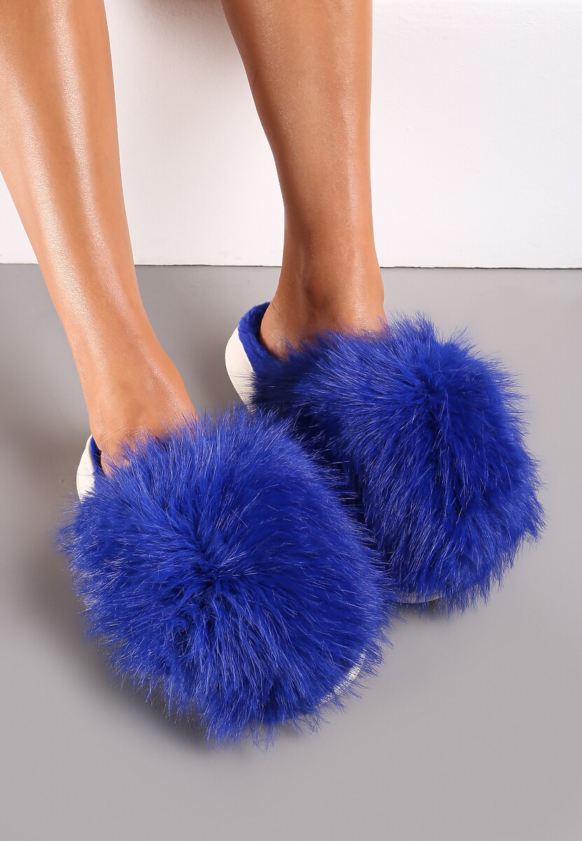Niebieskie Kapcie ze Sztucznym Futrem na Grubej Podeszwie Demofa