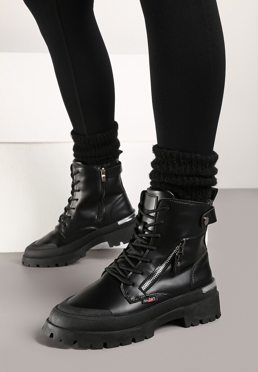 Czarne Traperki z Protektorem i Metaliczną Wstawką i Ozdobnym Suwakiem Dazzlina