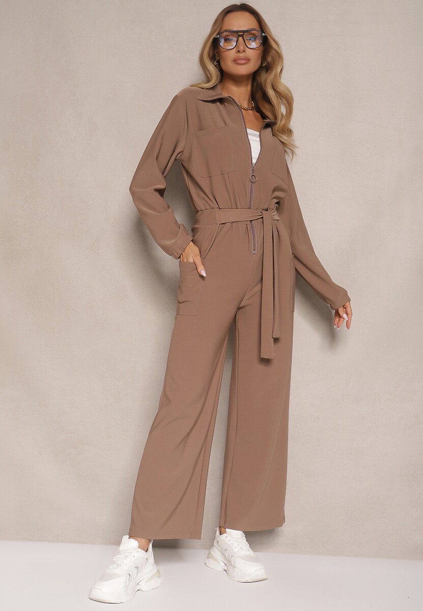 Brązowy Kombinezon z Elastyczną Gumką w Pasie z Dodatkowym Wiązaniem o Luźnym Kroju Creera