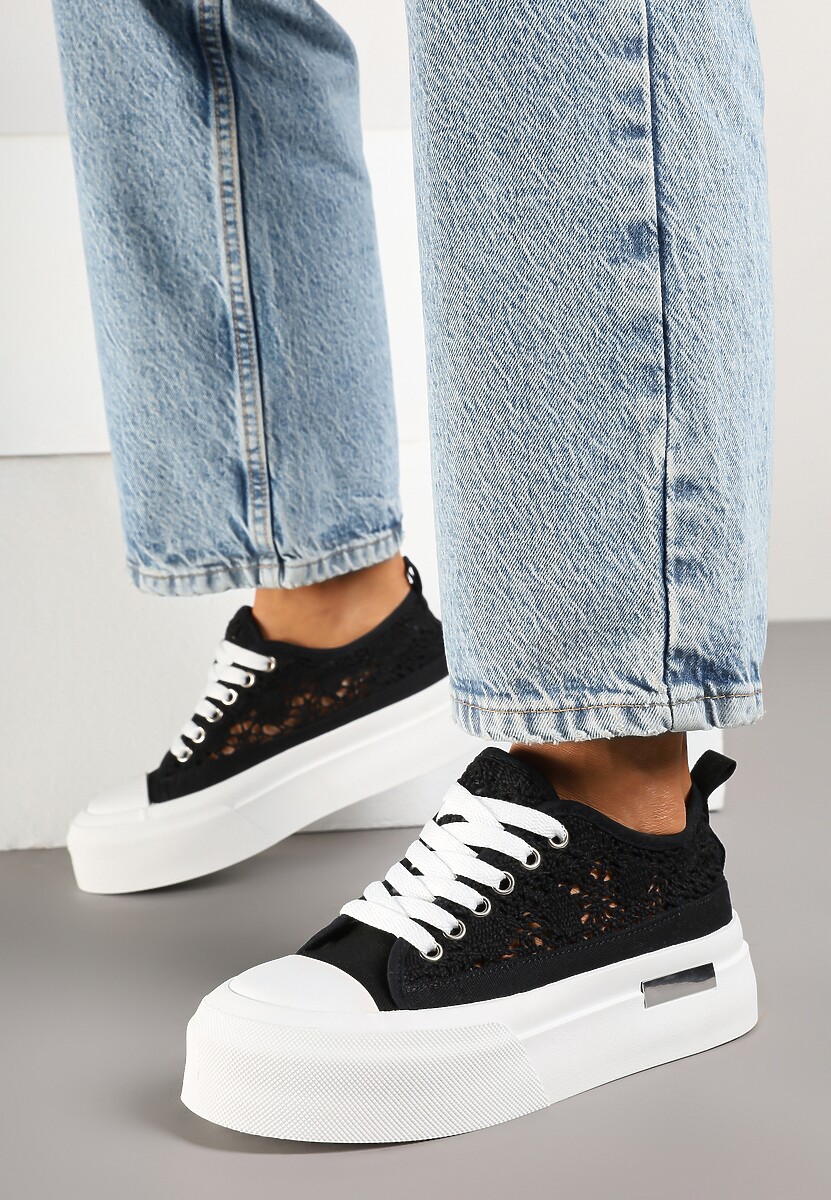 Czarne Trampki na Platformie z Ażurową Cholewką Adivlen