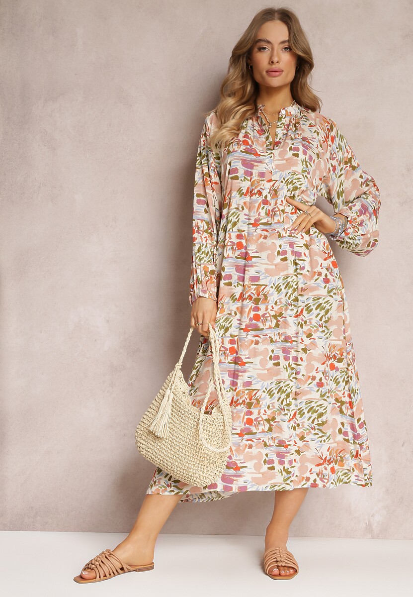 Różowo-Zielona Rozkloszowana Sukienka w Abstrakcyjny Wzór i Górą Zapinaną na Guziki Skylare