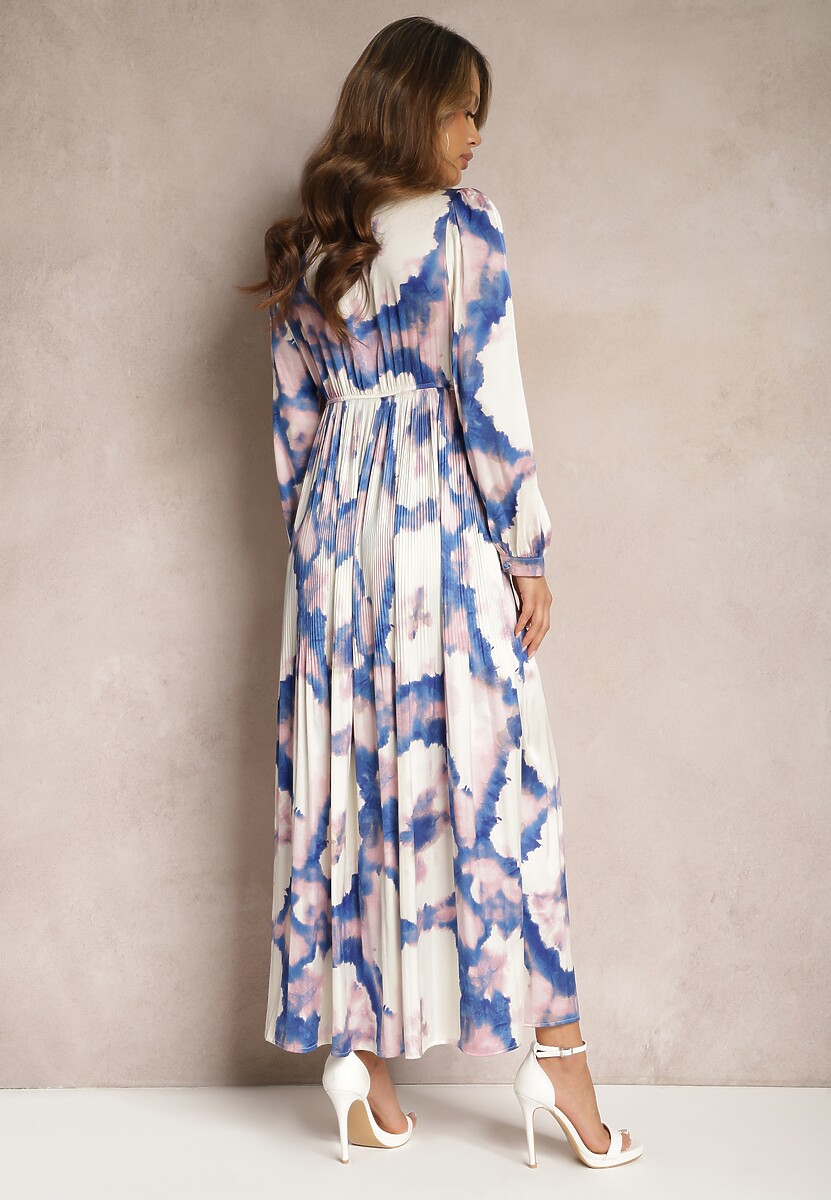 Beżowo-Fioletowa Maxi Sukienka Satynowa o Rozkloszowanym Kroju Velian