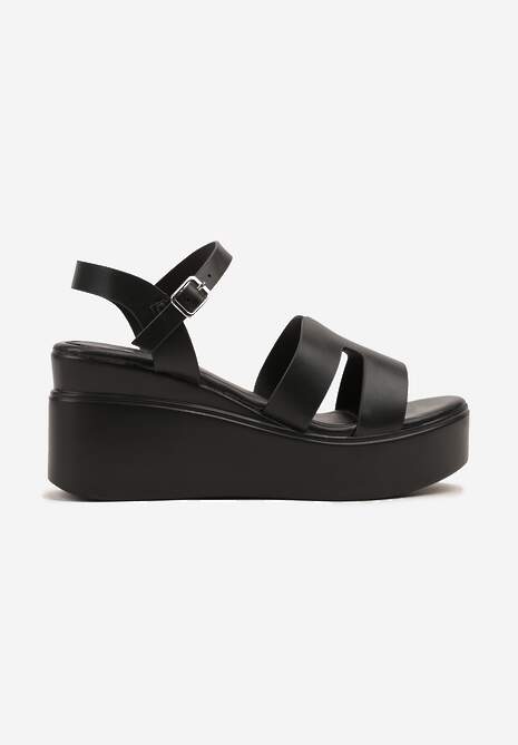 Czarne Sandały na Platformie i Koturnie z Wycięciami Astellie