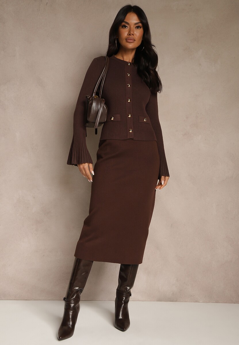 Brązowy Elegancki Prążkowany Kardigan z Wiskozą Guzikami i Rozszerzanymi Rękawami Otila