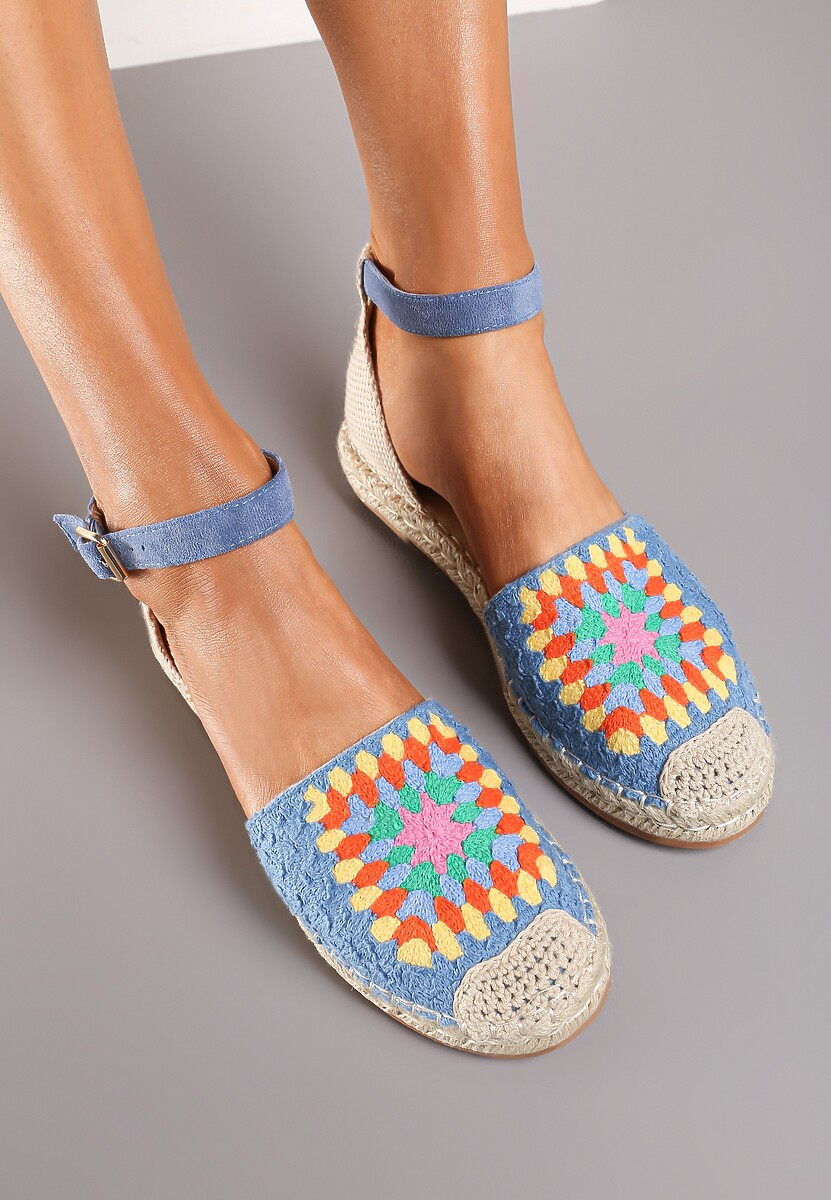Niebieskie Espadryle na Płaskiej Podeszwie Zapinane na Sprzączkę z Plecioną Podeszwą Laveda