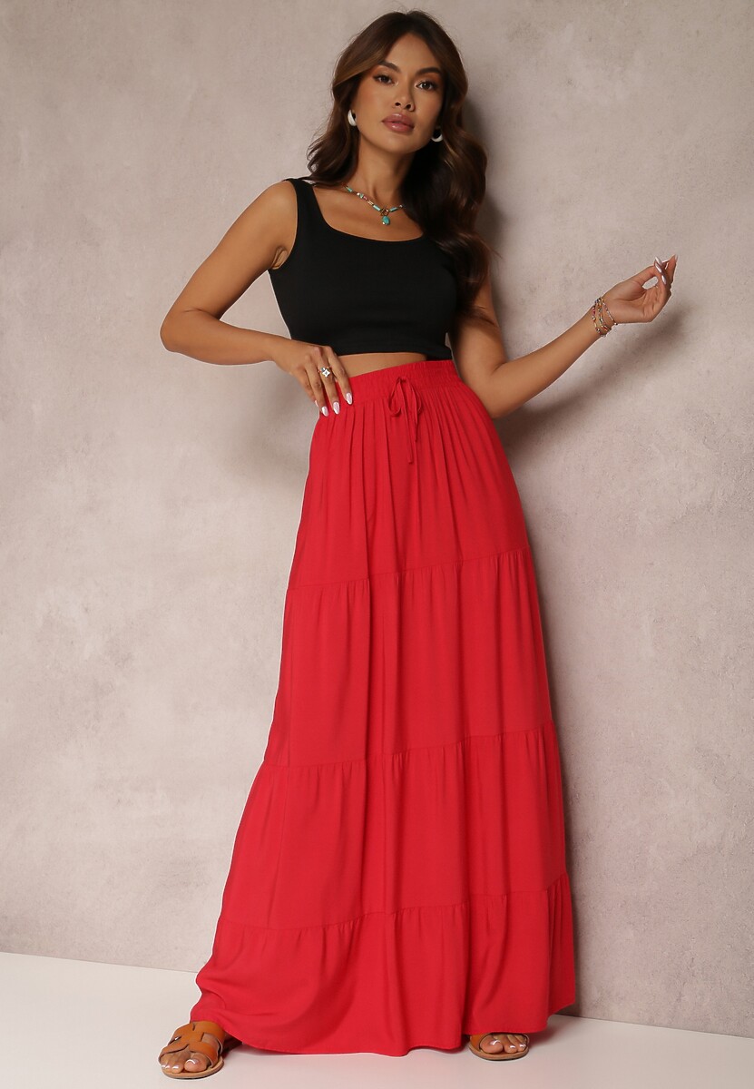 Czerwona Spódnica z Bawełny o Rozkloszowanym Kroju Kainne