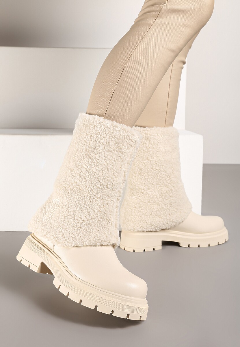 Beżowe Botki na Platformie z Tłoczeniem i Cholewką z Futerkiem Emilith