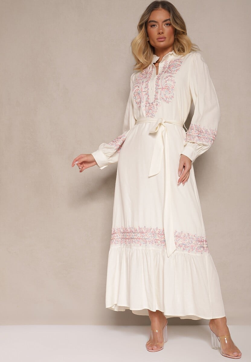Jasnobeżowa Wiskozowa Sukienka Boho o Rozkloszowanym Kroju ze Stójką i Haftem Kolessaria