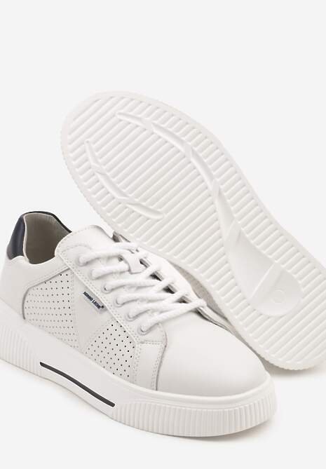 Białe Sneakersy Typu Tenisówki ze Skóry Naturalnej z Ozdobną Perforacją Vivallie