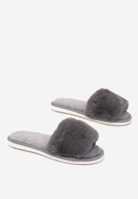 Szare Kapcie Futrzane z Szerokim Paskiem Iphandras