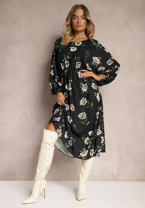 Czarno-Beżowa Midi Sukienka w Kwiaty o Rozkloszowanym Kroju z Rękawami Nietoperz Jervia