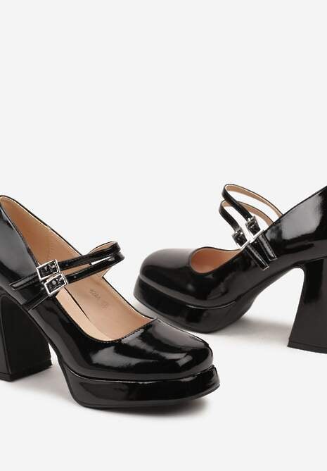 Czarne Czółenka na Obcasie z Lakierowanym Połyskiem Zdobione Paskami ze Sprzączkami Viathena