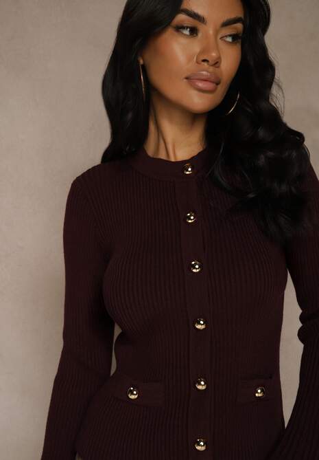 Bordowy Elegancki Prążkowany Kardigan z Wiskozą Guzikami i Rozszerzanymi Rękawami Otila