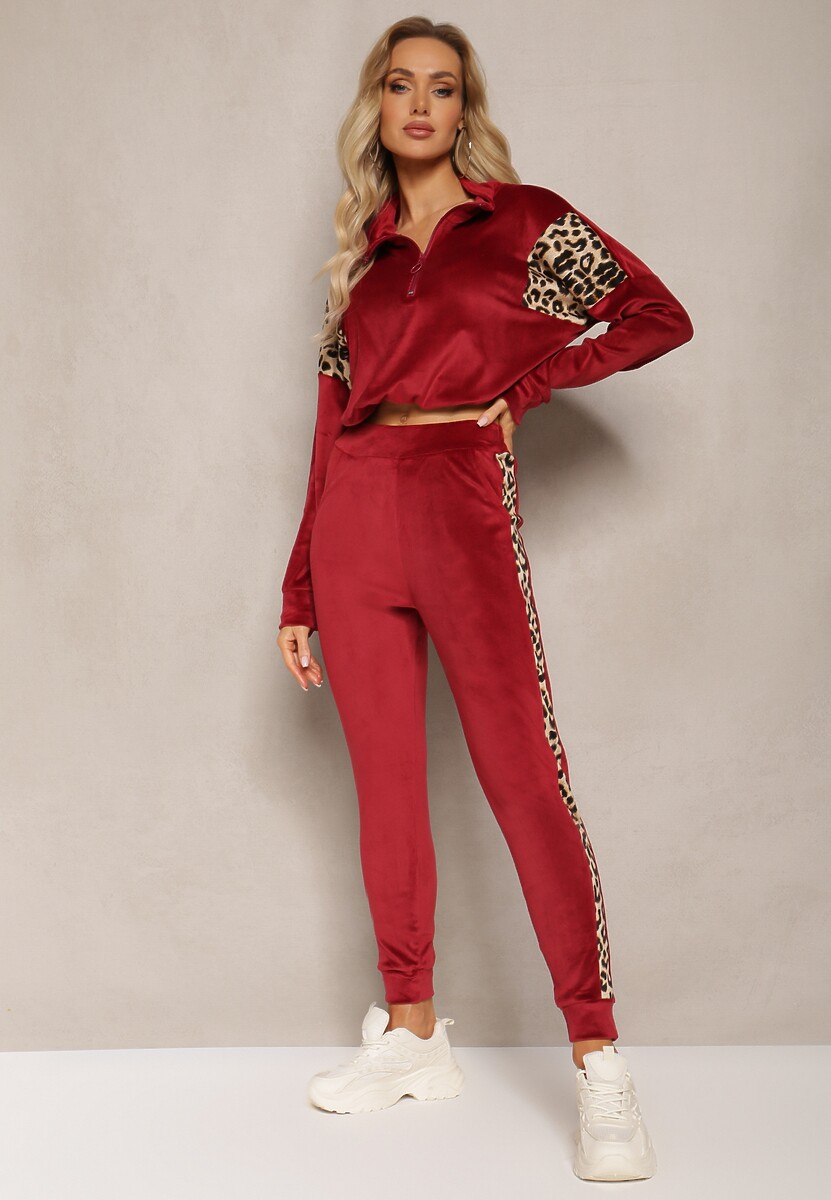 Zielony Komplet Dresowy z Weluru z Krótką Bluzą i Spodniami Joggerami z Panterkowym Wzorem Limitta