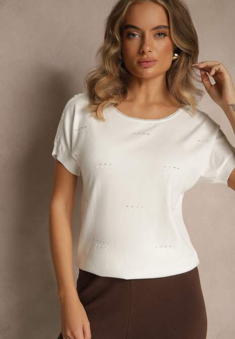 Biała Dzianinowa Bluzka z Cyrkoniowymi Aplikacjami Fenellia