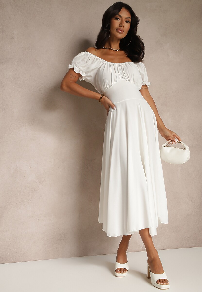 Biała Sukienka Hiszpanka z Bawełną Ozdobiona Bufkami Lunoria