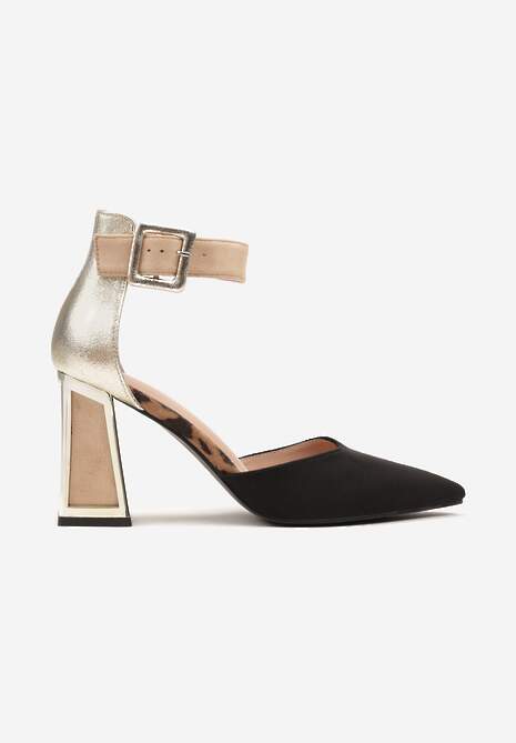 Czarno-Beżowe Czółenka na Stożku Ozdobione Paskiem Wokół Kostki i Metaliczną Aplikacją Tiliri